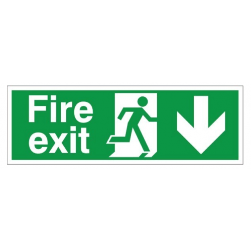 Fire Exit + Running Man Arrow Down, White Rigid PVC, 120 x 340mm