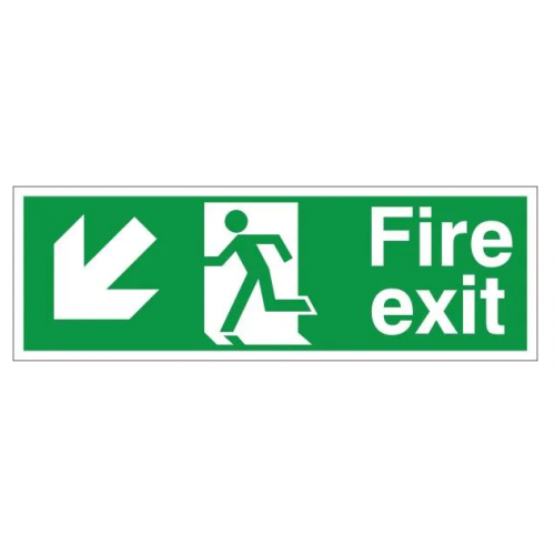 Fire Exit + Running Man Arrow Down, White, Rigid PVC, 150 x 400mm