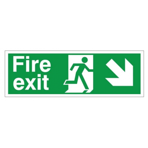 Fire Exit + Running Man Arrow Down Left, White, Rigid PVC, 150 x 400mm