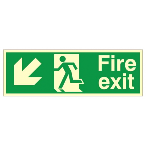 Fire Exit + Running Man Arrow Down Left, Photoluminescent, Rigid PVC, 120 x 340mm