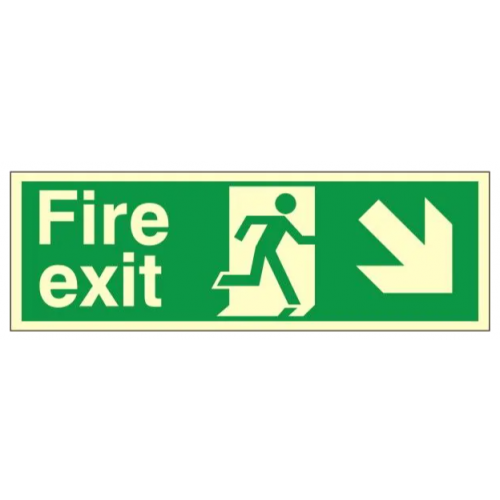 Fire Exit + Running Man Arrow Down Right, Photoluminescent, Rigid PVC, 120 x 340mm