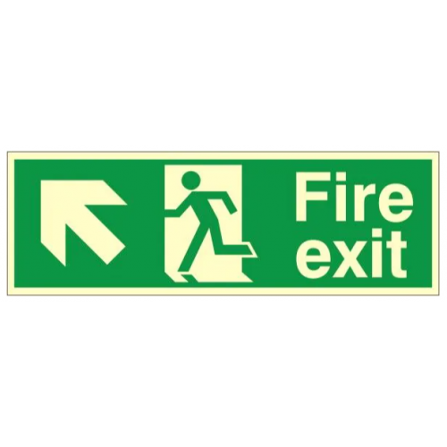 Fire Exit + Running Man Arrow Up Left, Photoluminescent, Rigid PVC, 120 x 340mm