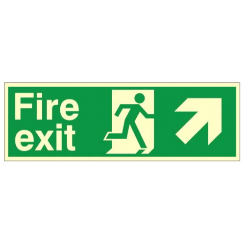 Fire Exit + Running Man Arrow Up Right, Photoluminescent, Rigid PVC, 120 x 340mm