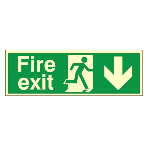 Fire Exit + Running Man Arrow Down, Photoluminescent, Rigid PVC, 150 x 400mm