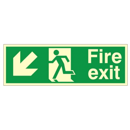 Fire Exit + Running Man Arrow Down Left, Photoluminescent, Rigid PVC, 150 x 400mm