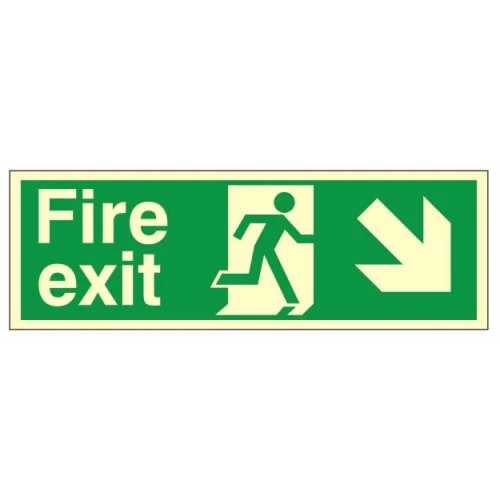 Fire Exit + Running Man Arrow Down Right, Photoluminescent, Rigid PVC, 150 x 400mm