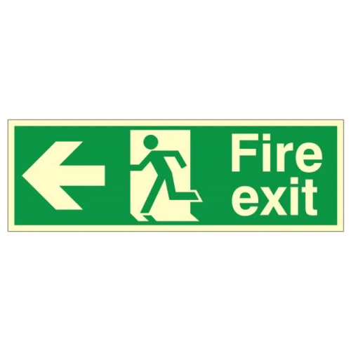 Fire Exit + Running Man Arrow Left, Photoluminescent, Rigid PVC, 150 x 400mm