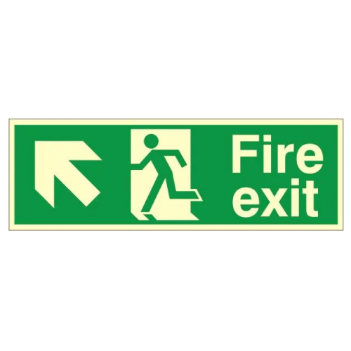 Fire Exit + Running Man Arrow Up Left, Photoluminescent, Rigid PVC, 150 x 400mm